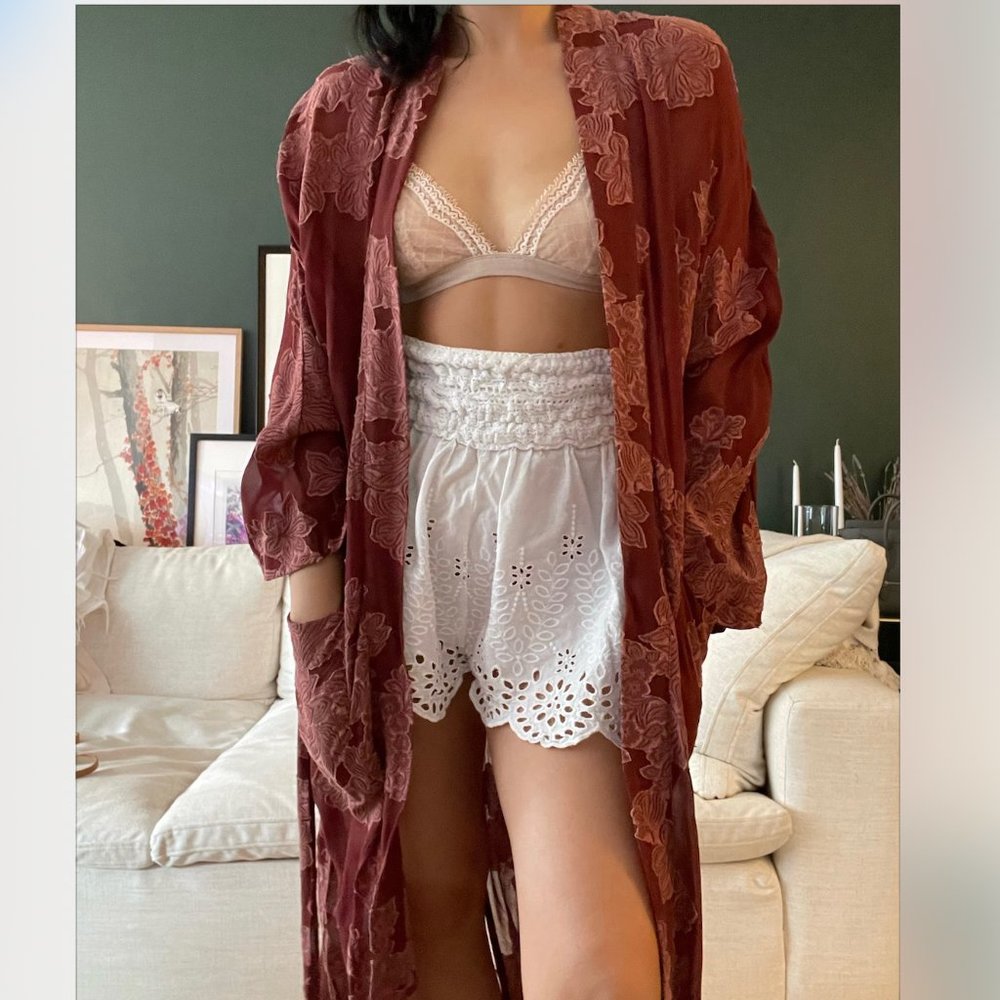 Aritzia Rust Embroidered Long Kimono Robe